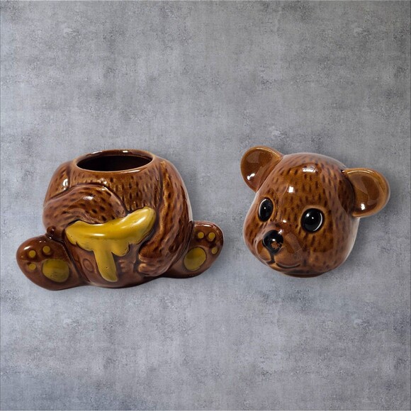 Vintage Ceramic Teddy Bear Honey Jar Brown Bear w Lid Cottagecore Cute Decor - Picture 8 of 13